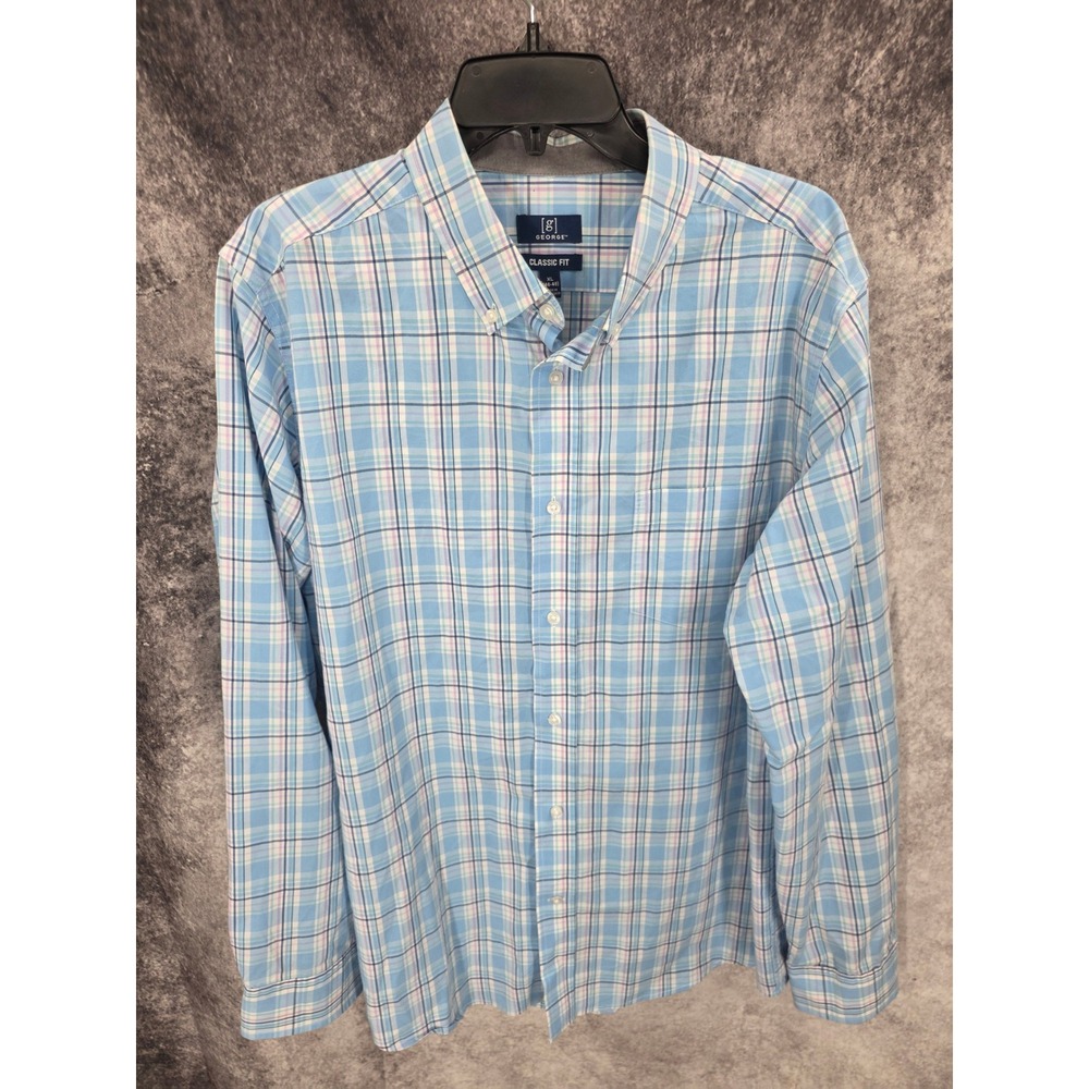 George Shirt Mens XL Blue Plaid Button Down Long Sleeve Preppy Business Everyday